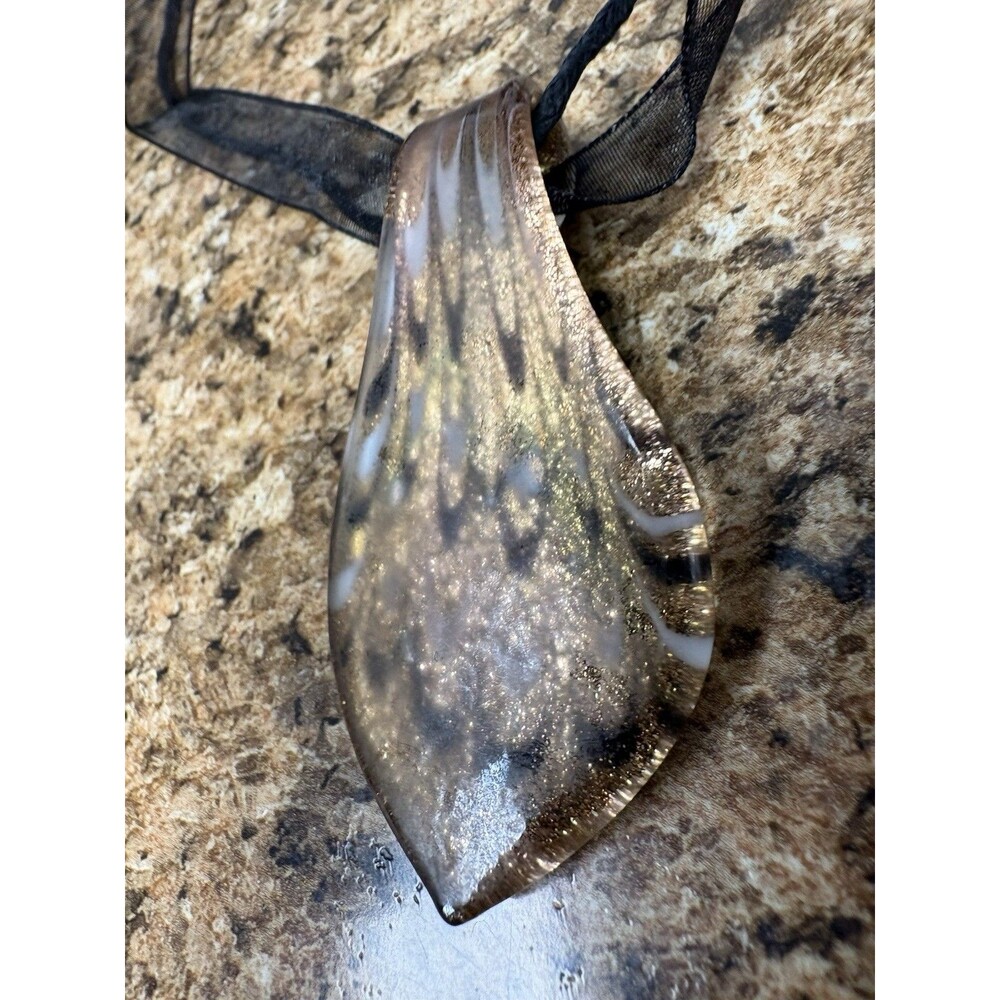 Hand Blown Glass Pendant Necklace Gold Fleck Black Organza Ribbon Murano Style